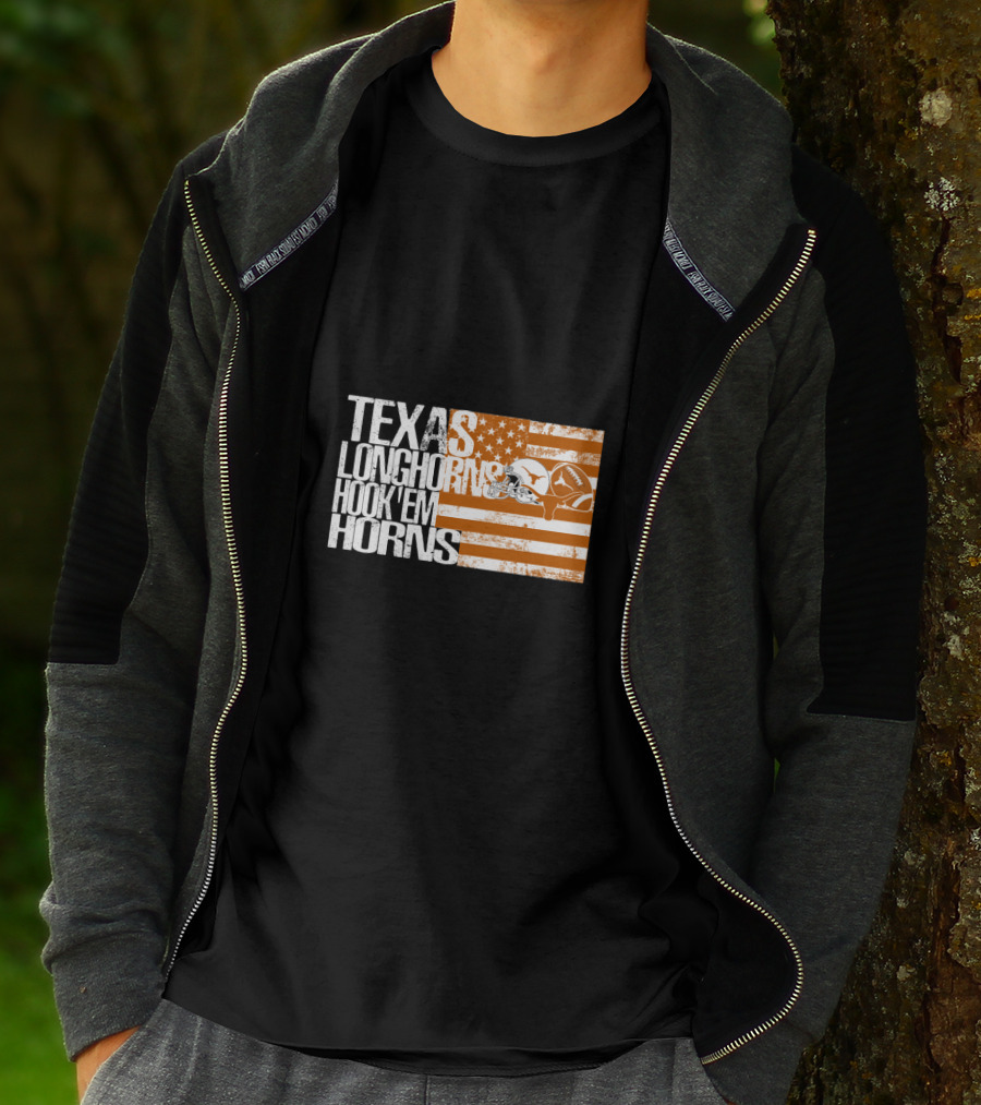 Texas Longhorns Hook 'Em Horns American Flag Football Helmet T-Shirt