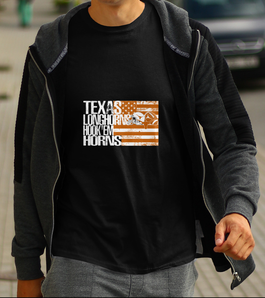Texas Longhorns Hook 'Em Horns American Flag Football Helmet T-Shirt