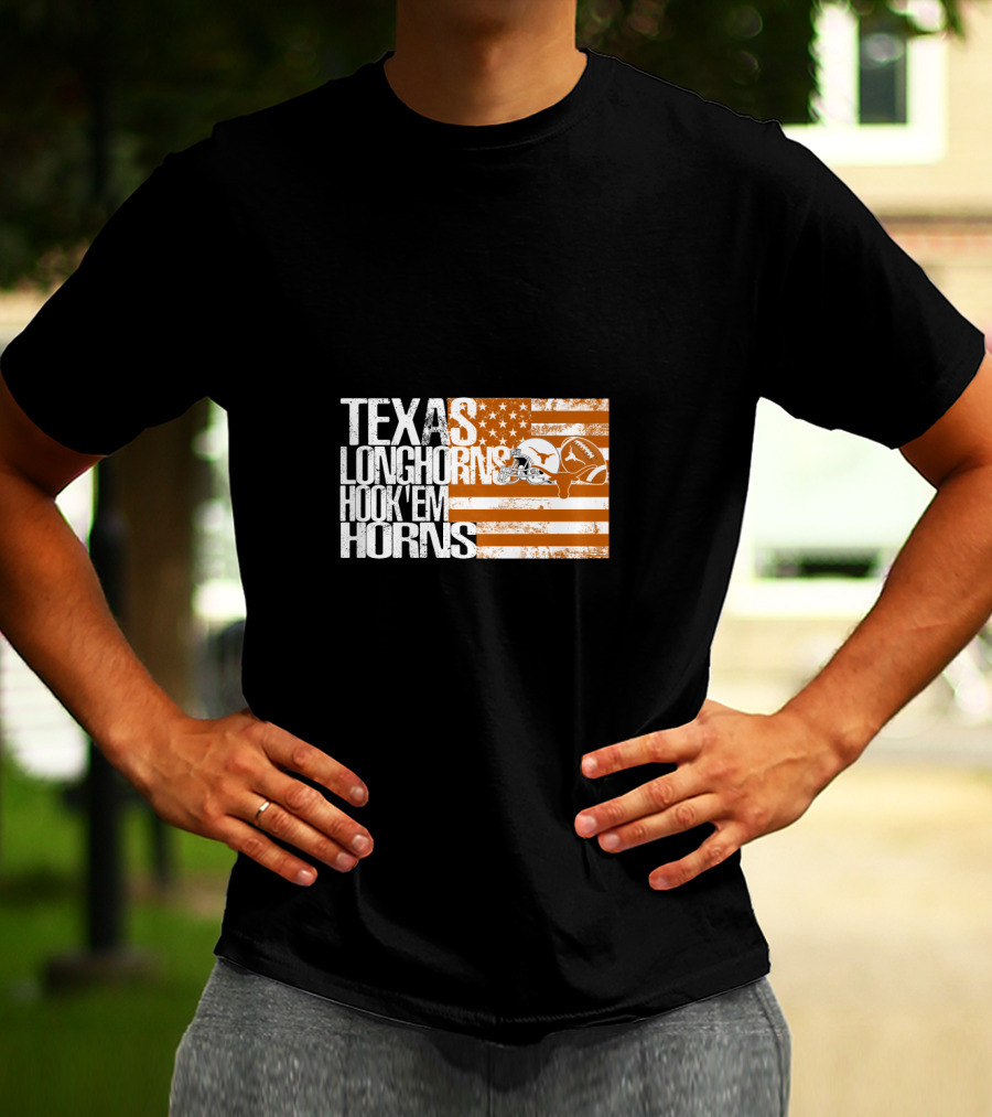 Texas Longhorns Hook 'Em Horns American Flag Football Helmet T-Shirt