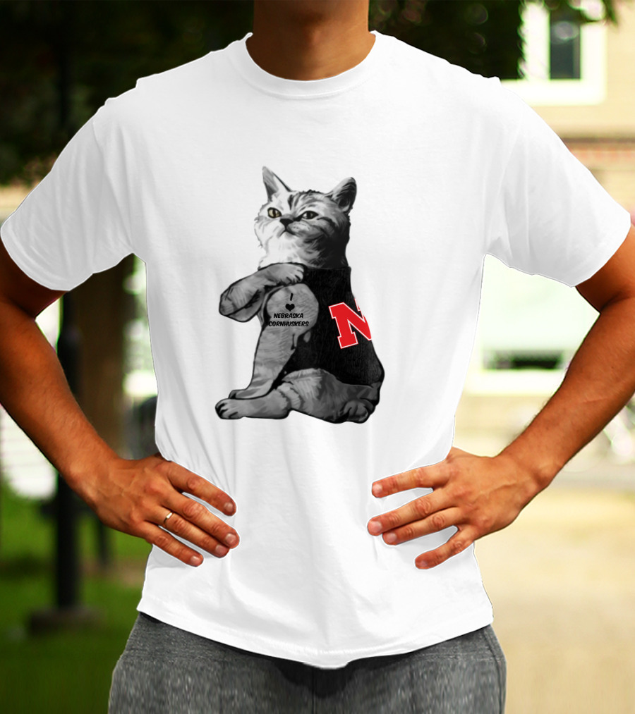 Nebraska Cornhuskers Cat Wearing Black Jersey With Red N T-Shirt