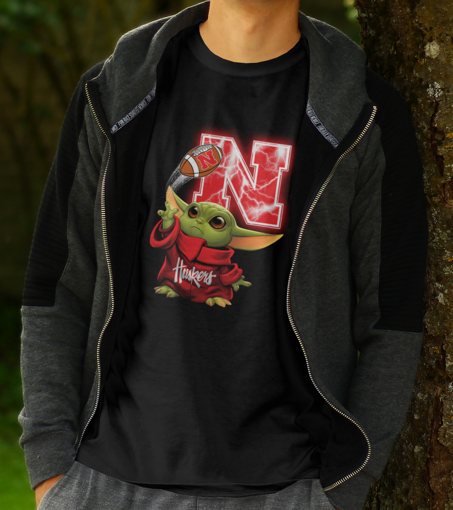 Huskers Baby Yoda Football Nebraska N T-Shirt