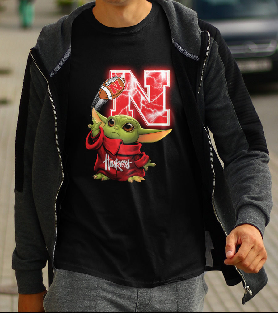 Huskers Baby Yoda Football Nebraska N T-Shirt
