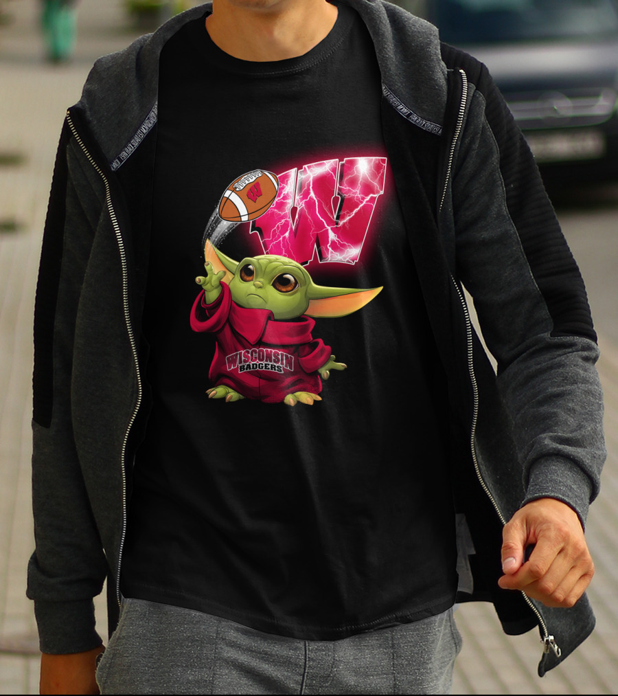 Wisconsin Badgers W Logo Football And Green Character In Red Hoodie T-Shirt