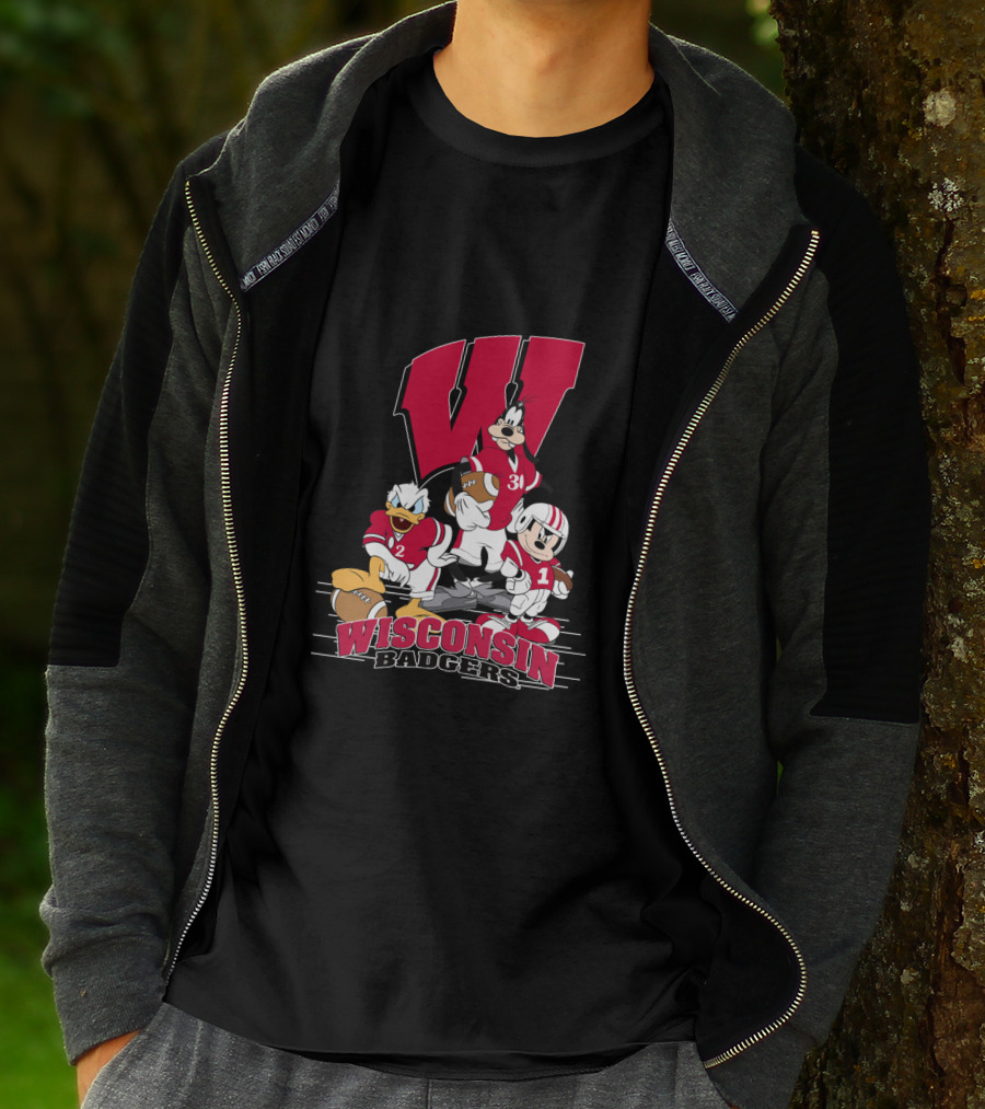 Wisconsin Badgers Donald Duck Goofy Mickey Mouse Football T-Shirt