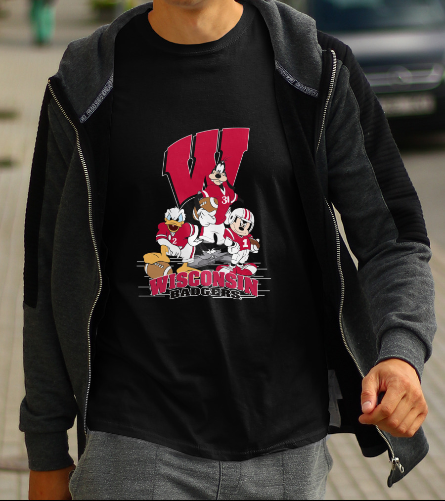 Wisconsin Badgers Donald Duck Goofy Mickey Mouse Football T-Shirt