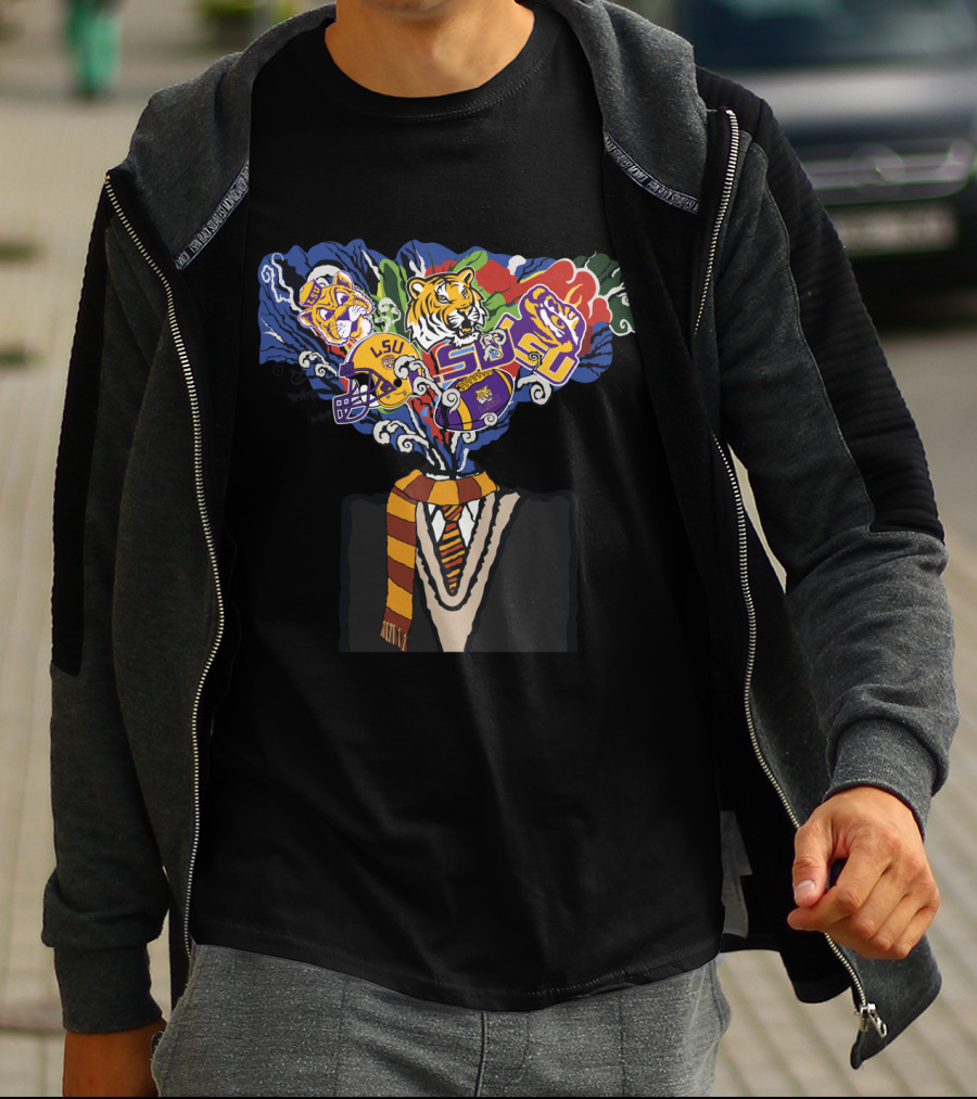 Lsu Tigers Football Helmet And Face Design With Striped Scarf T-Shirt