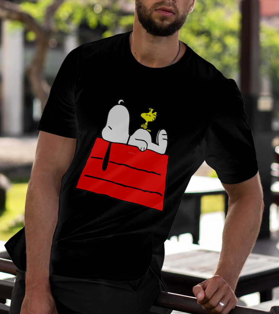 Snoopy Sleeping On Red Doghouse With Woodstock T-Shirt