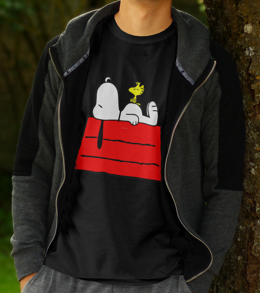 Snoopy Sleeping On Red Doghouse With Woodstock T-Shirt