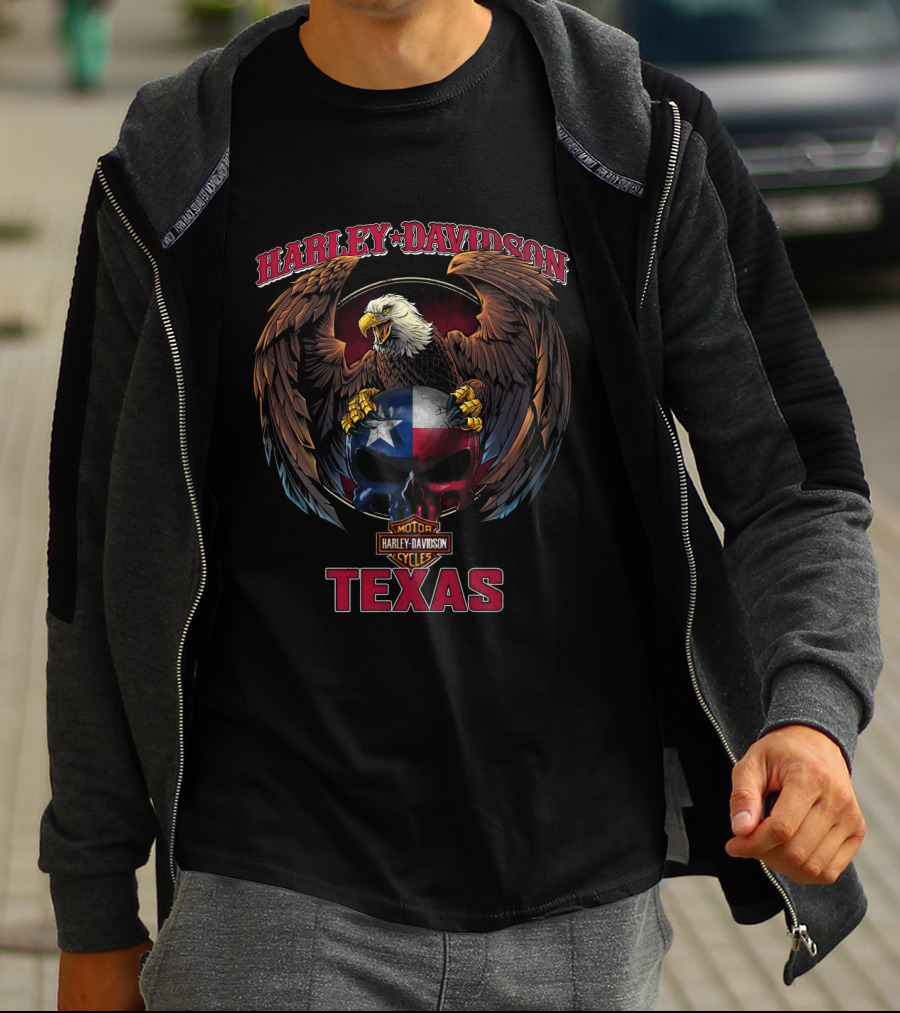 Harley Davidson Texas Eagle And Lone Star Skull Artwork T-Shirt