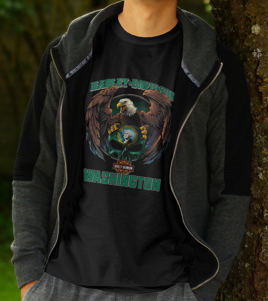 Harley Davidson Washington Eagle And George Skull T-Shirt