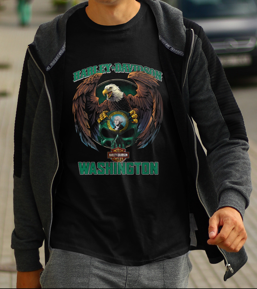 Harley Davidson Washington Eagle And George Skull T-Shirt