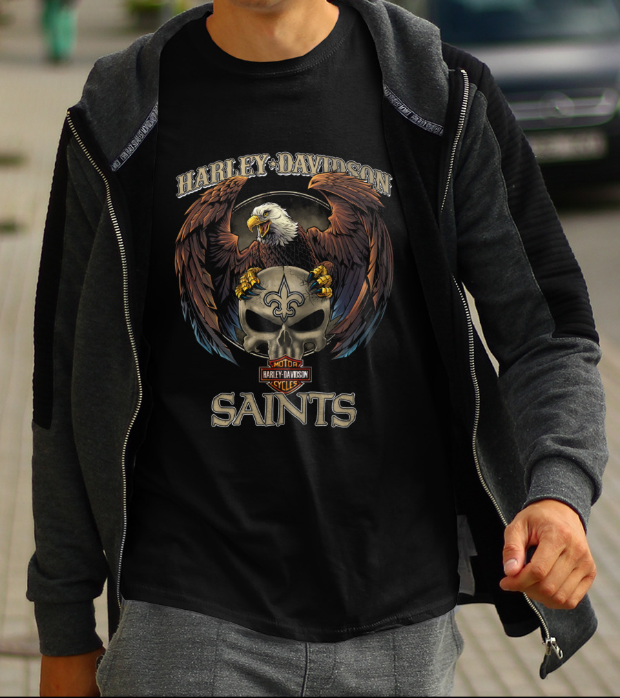 Harley Davidson Motor Cycles Saints New Orleans Skull Eagle T-Shirt