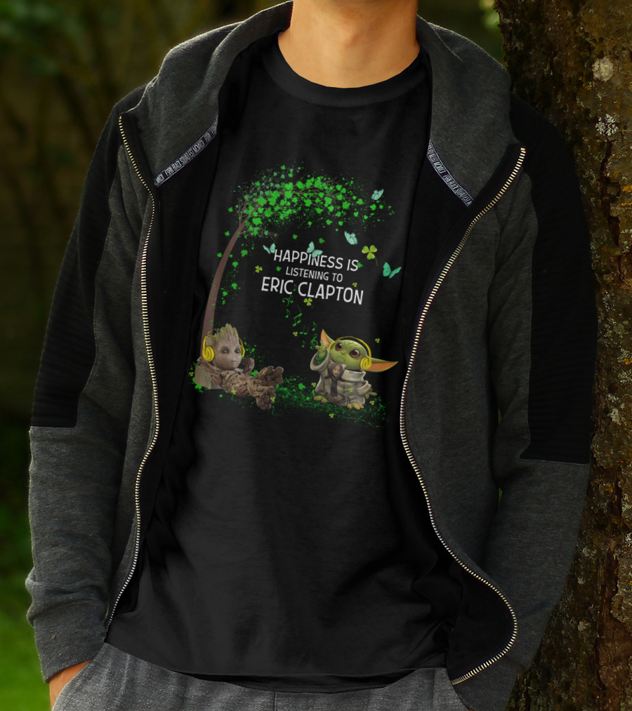 Happiness Is Listening To Eric Clapton With Baby Groot And Baby Yoda Music Headphones T-Shirt