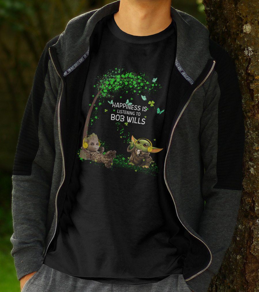 Happiness Is Listening To Bob Wills With Cute Characters Under Tree And Flowers T-Shirt