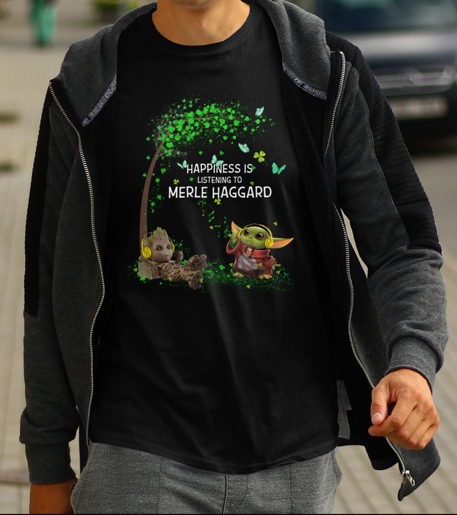 Happiness Is Listening To Merle Haggard With Headphone Characters And Green Leaves T-Shirt