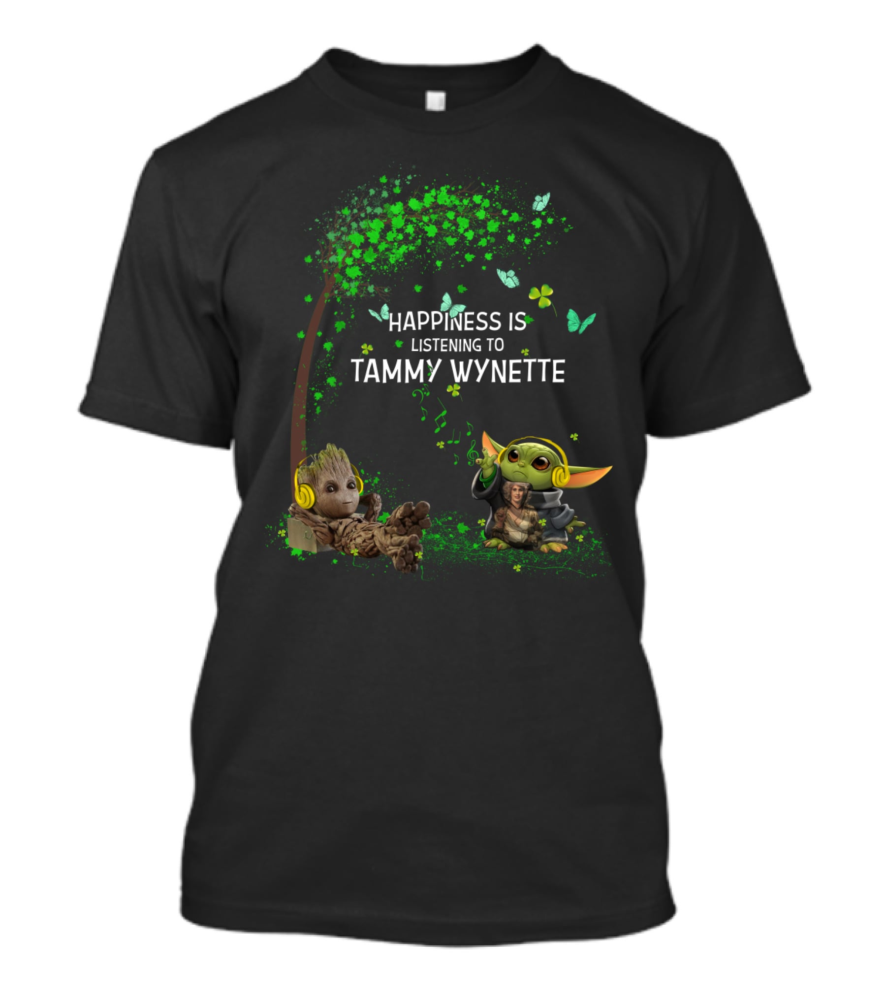 Happiness Is Listening To Tammy Wynette With Groot And Baby Yoda T-Shirt