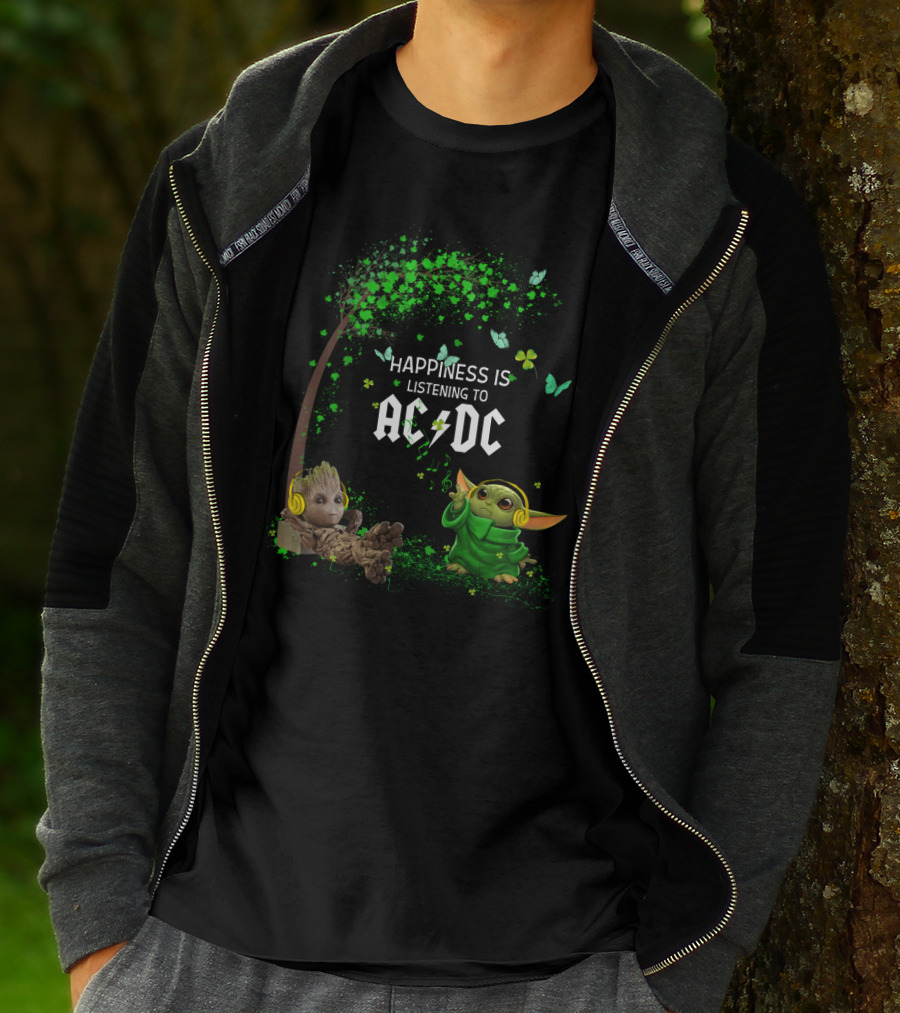 Happiness Is Listening To Ac/Dc Groot Baby Yoda Collaboration T-Shirt