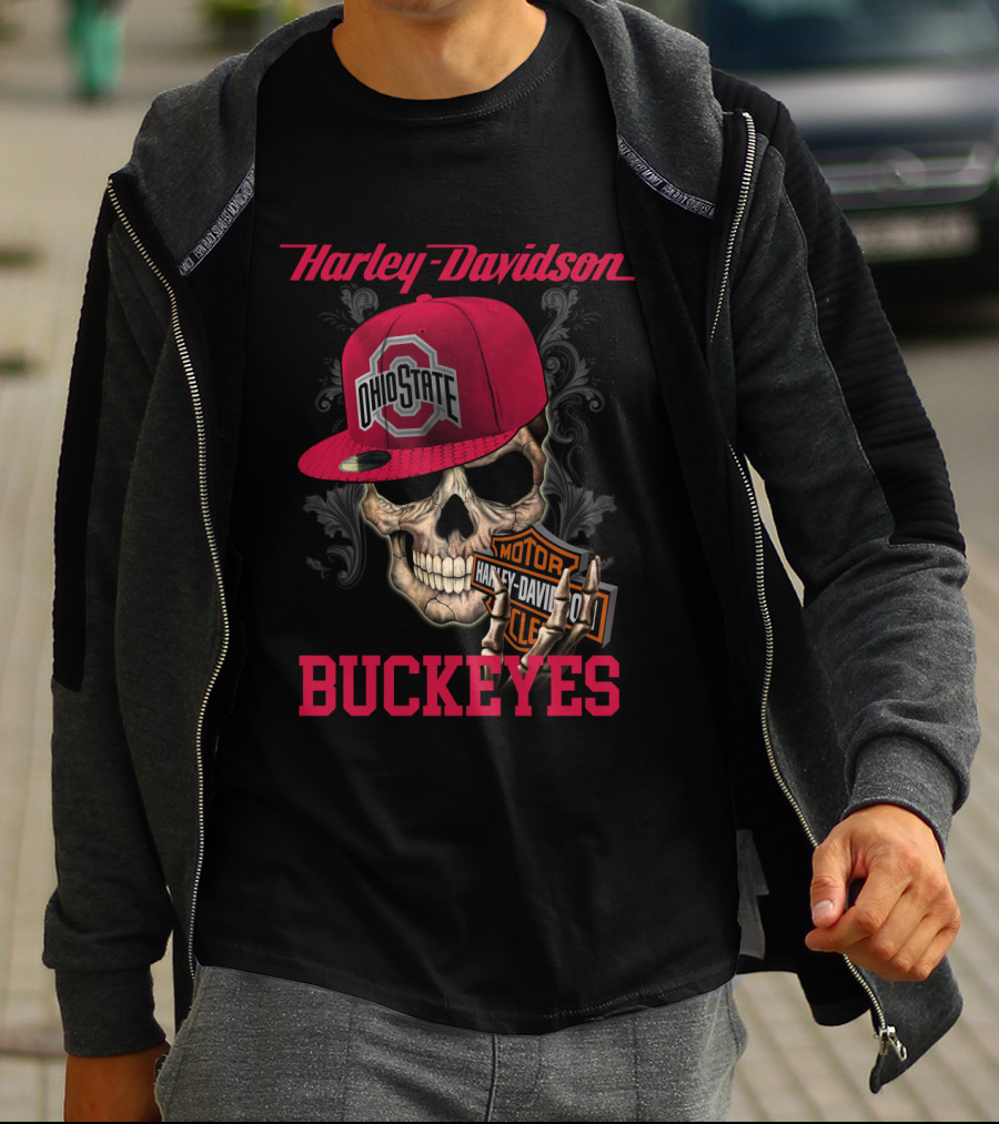 Harley Davidson Skull With Ohio State Buckeyes Cap And Motorcycle Elements T-Shirt