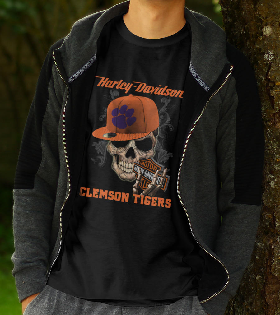 Harley Davidson Skull With Clemson Tigers Paw T-Shirt
