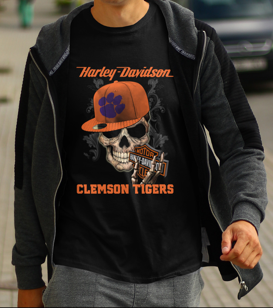 Harley Davidson Skull With Clemson Tigers Paw T-Shirt