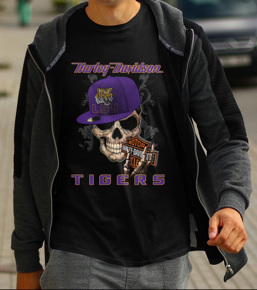 Harley Davidson Lsu Tigers Skull Hat T-Shirt