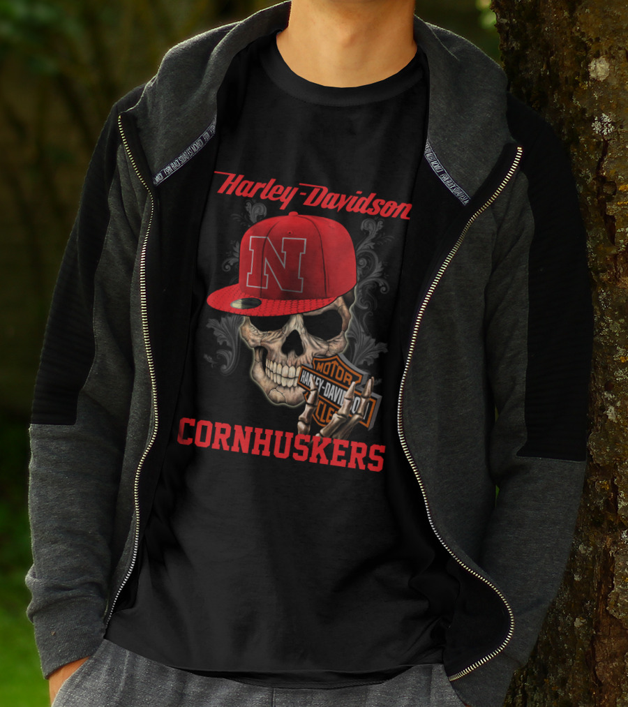 Harley Davidson Nebraska Cornhuskers Skull With Red N Cap T-Shirt
