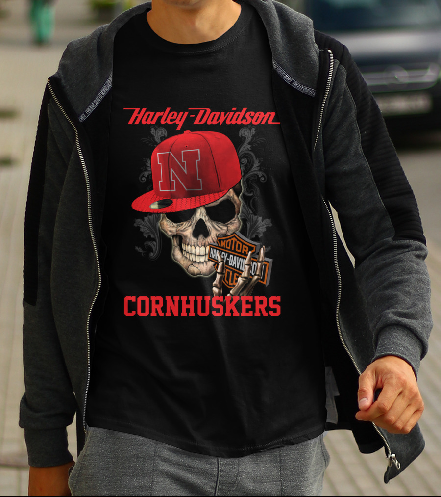 Harley Davidson Nebraska Cornhuskers Skull With Red N Cap T-Shirt