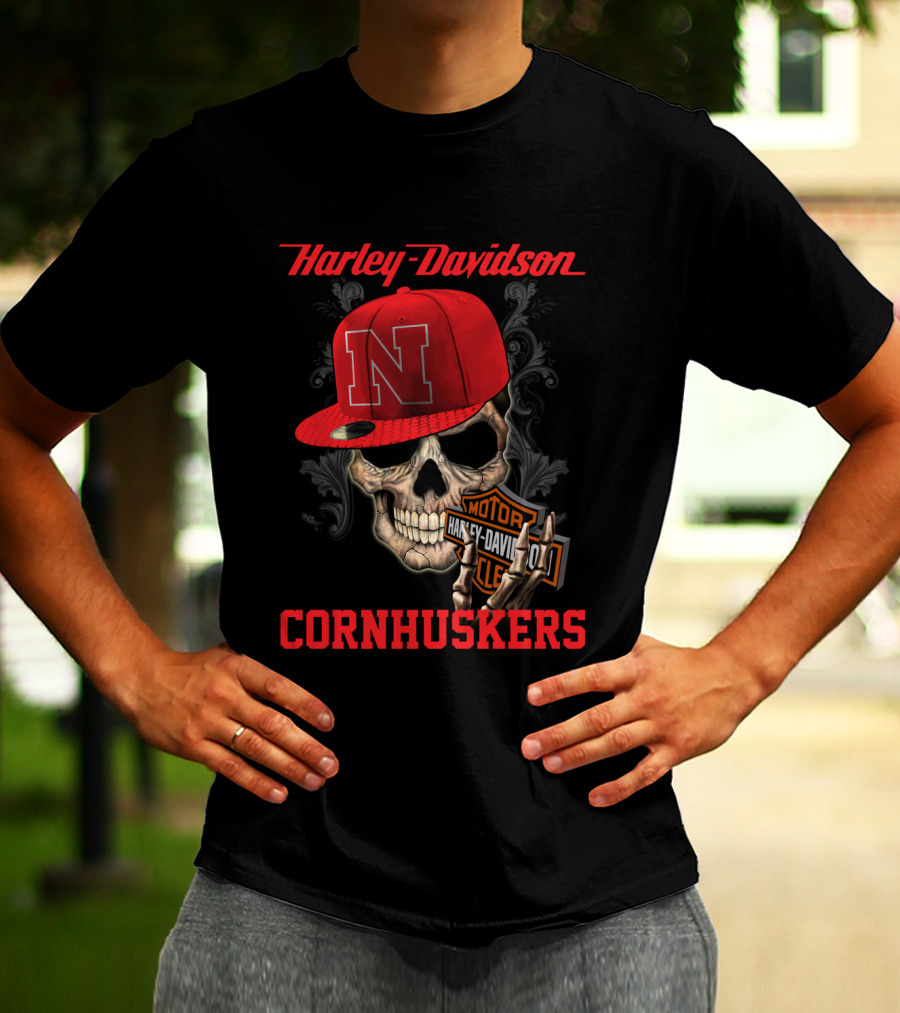Harley Davidson Nebraska Cornhuskers Skull With Red N Cap T-Shirt