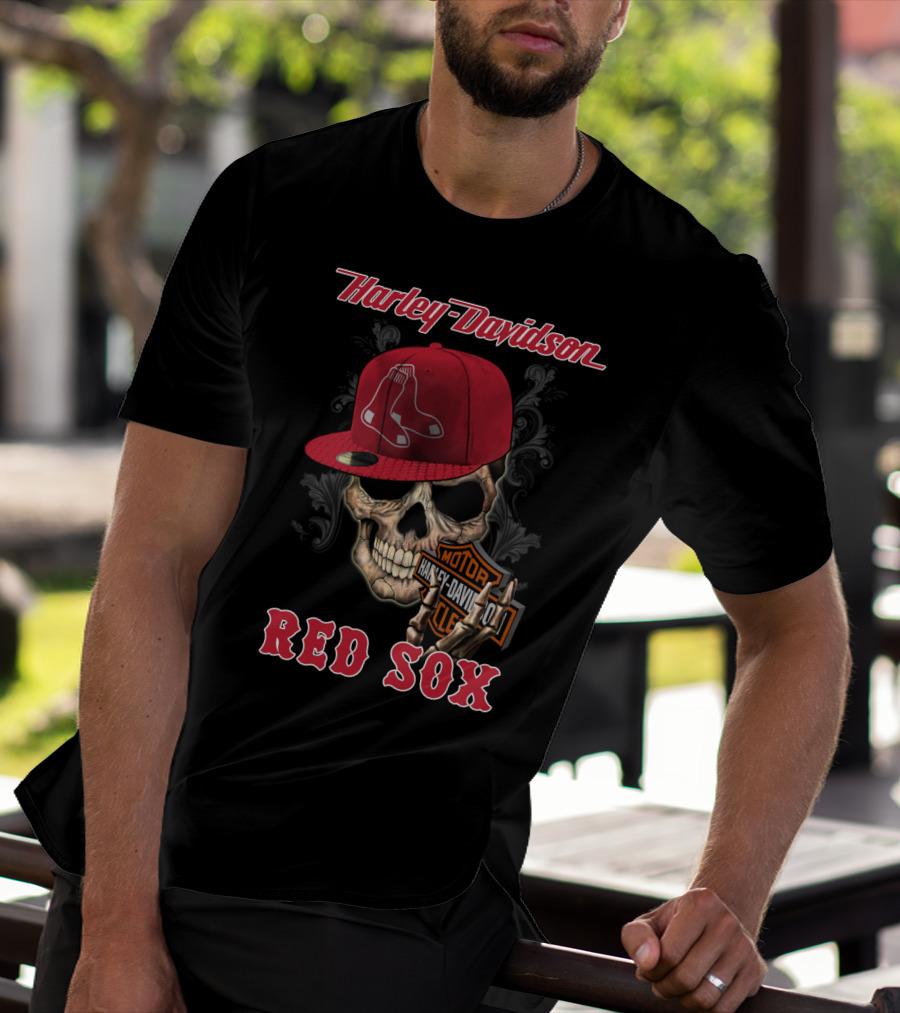 Harley Davidson Skull With Boston Red Sox Hat T-Shirt