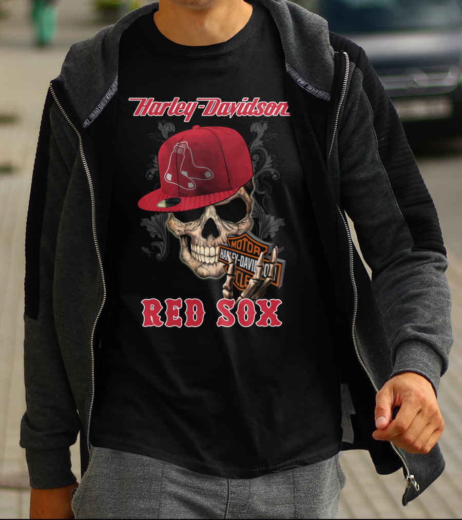Harley Davidson Skull With Boston Red Sox Hat T-Shirt