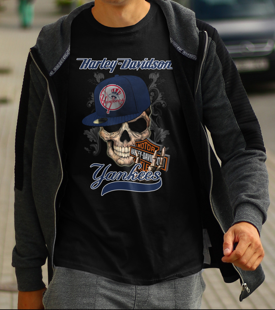 Harley Davidson Yankees Skull With New York Yankees Cap T-Shirt