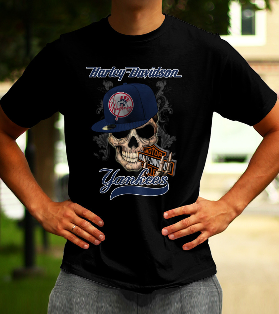 Harley Davidson Yankees Skull With New York Yankees Cap T-Shirt