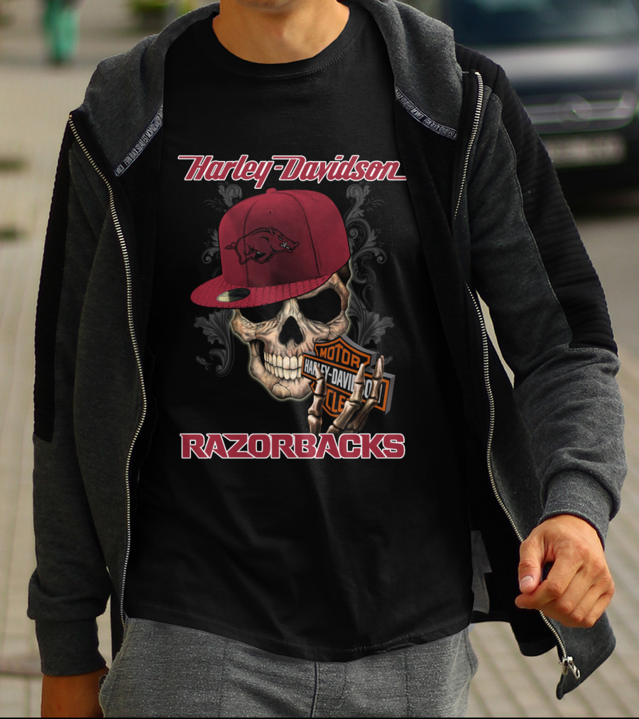 Harley Davidson Skull Arkansas Razorbacks Moto Club Hat T-Shirt
