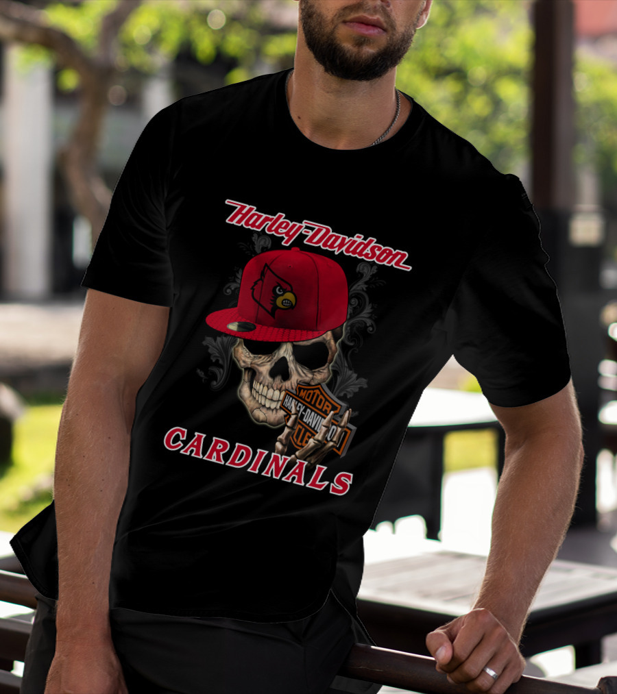 Harley Davidson Skull With Louisville Cardinals Hat T-Shirt