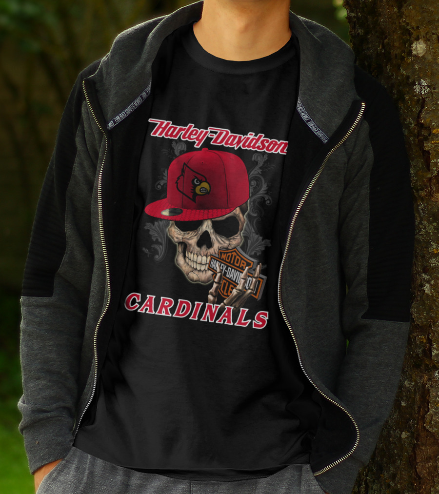 Harley Davidson Skull With Louisville Cardinals Hat T-Shirt
