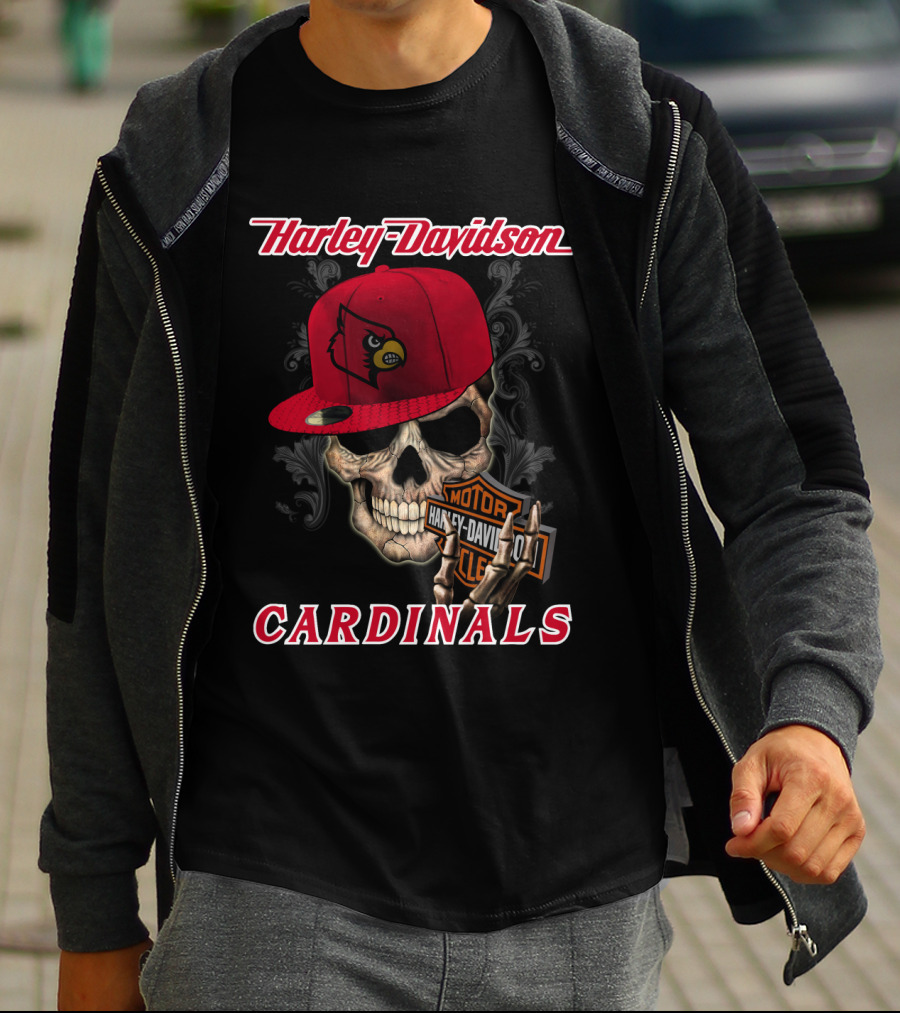 Harley Davidson Skull With Louisville Cardinals Hat T-Shirt