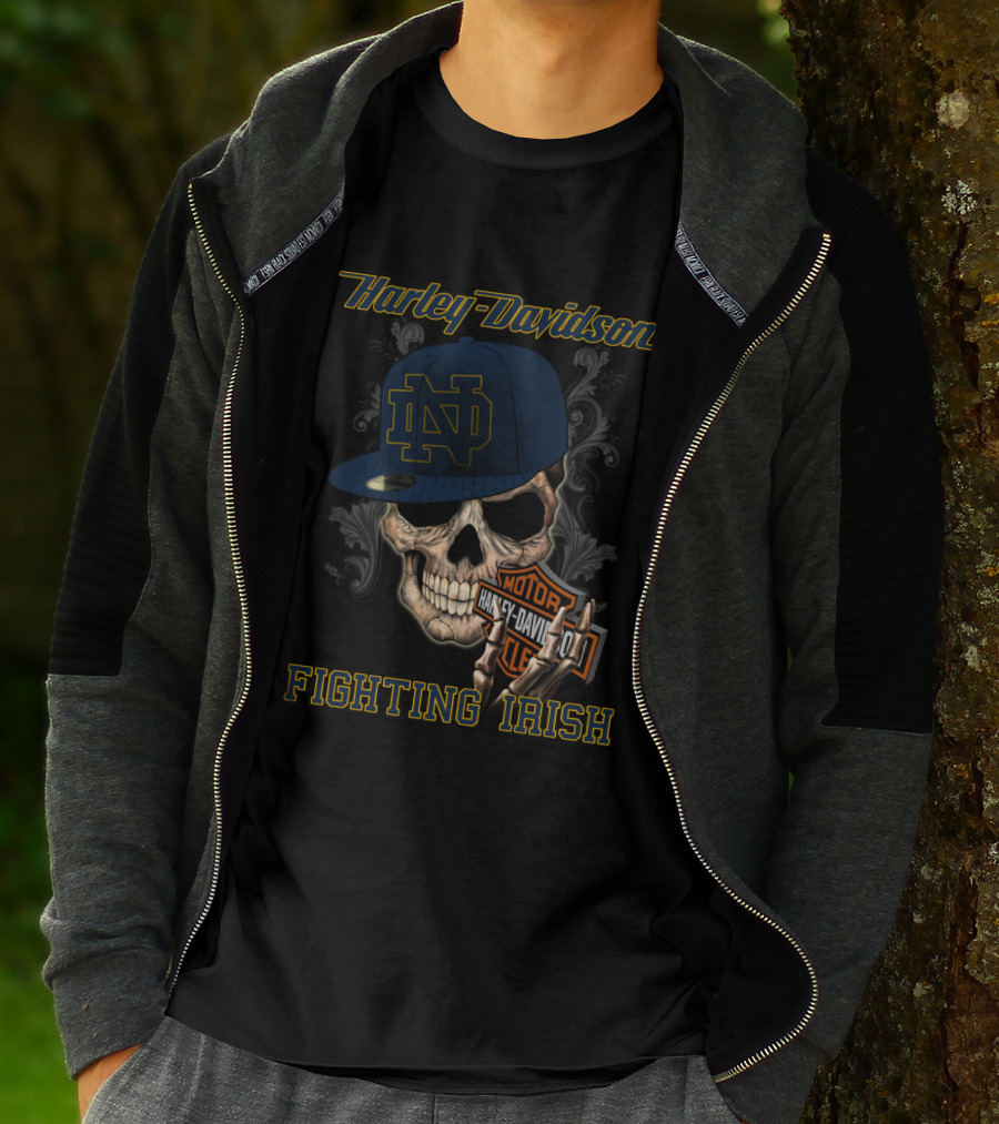 Harley Davidson Skull With Notre Dame Fighting Irish Cap T-Shirt