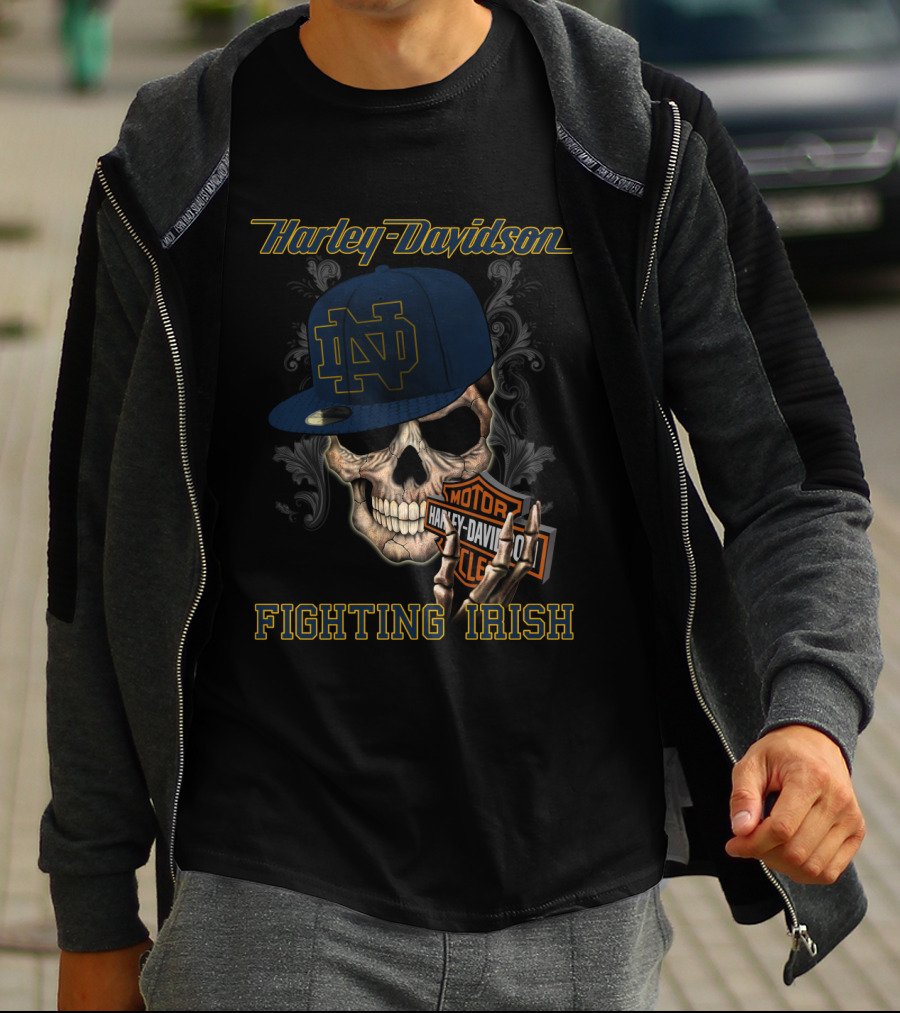 Harley Davidson Skull With Notre Dame Fighting Irish Cap T-Shirt