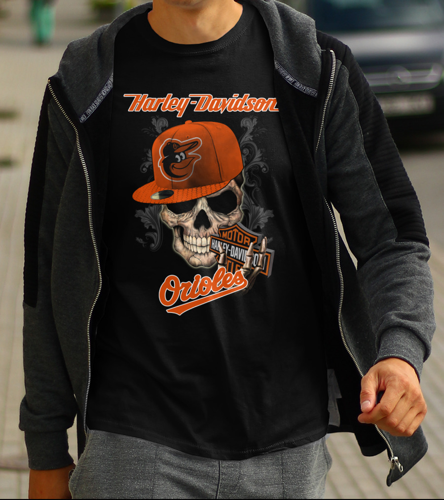 Harley Davidson Skull Wearing Baltimore Orioles Cap With Motor Badge T-Shirt