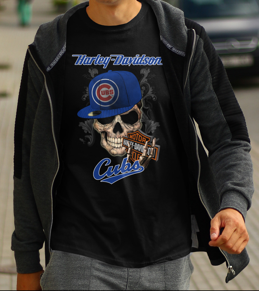 Harley Davidson Skull With Chicago Cubs Hat T-Shirt