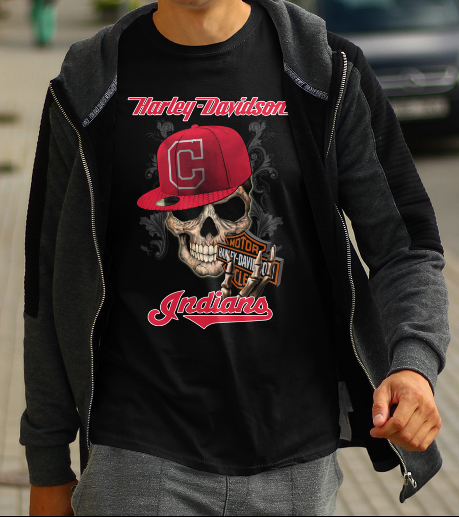 Harley Davidson Skull With Cleveland Indians Cap T-Shirt