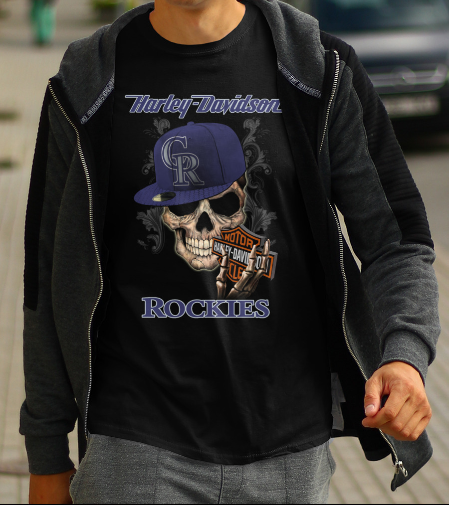 Harley Davidson Rockies Skull With Colorado Rockies Cap T-Shirt