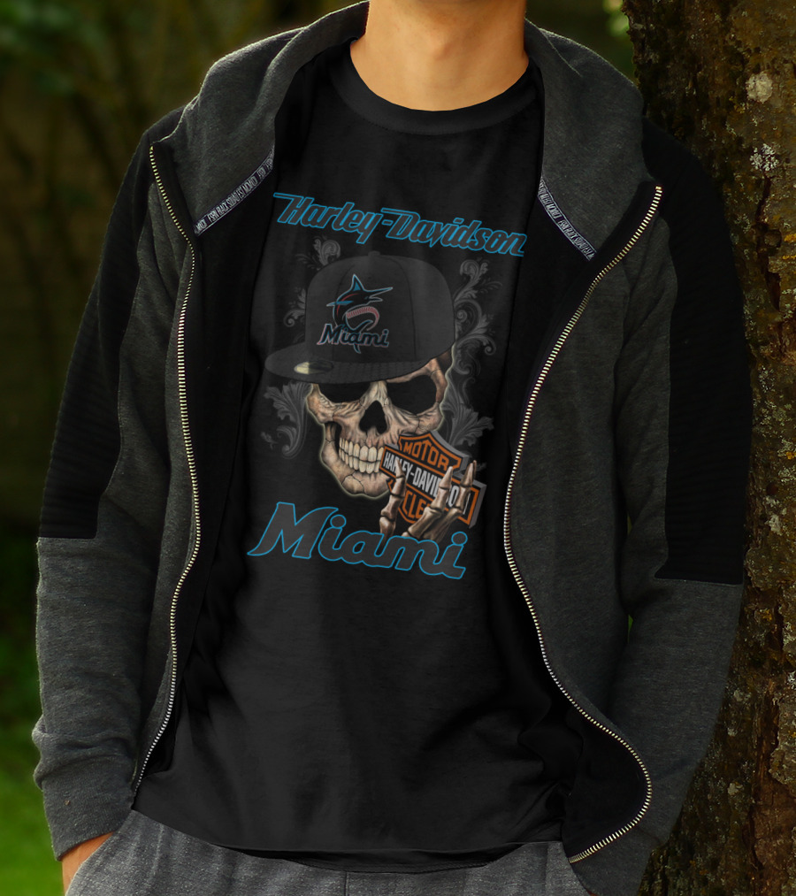 Harley Davidson Miami Skull With Miami Marlins Cap T-Shirt