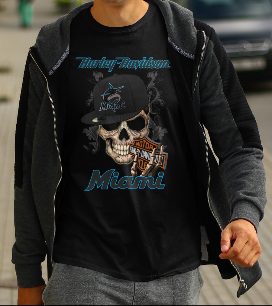 Harley Davidson Miami Skull With Miami Marlins Cap T-Shirt