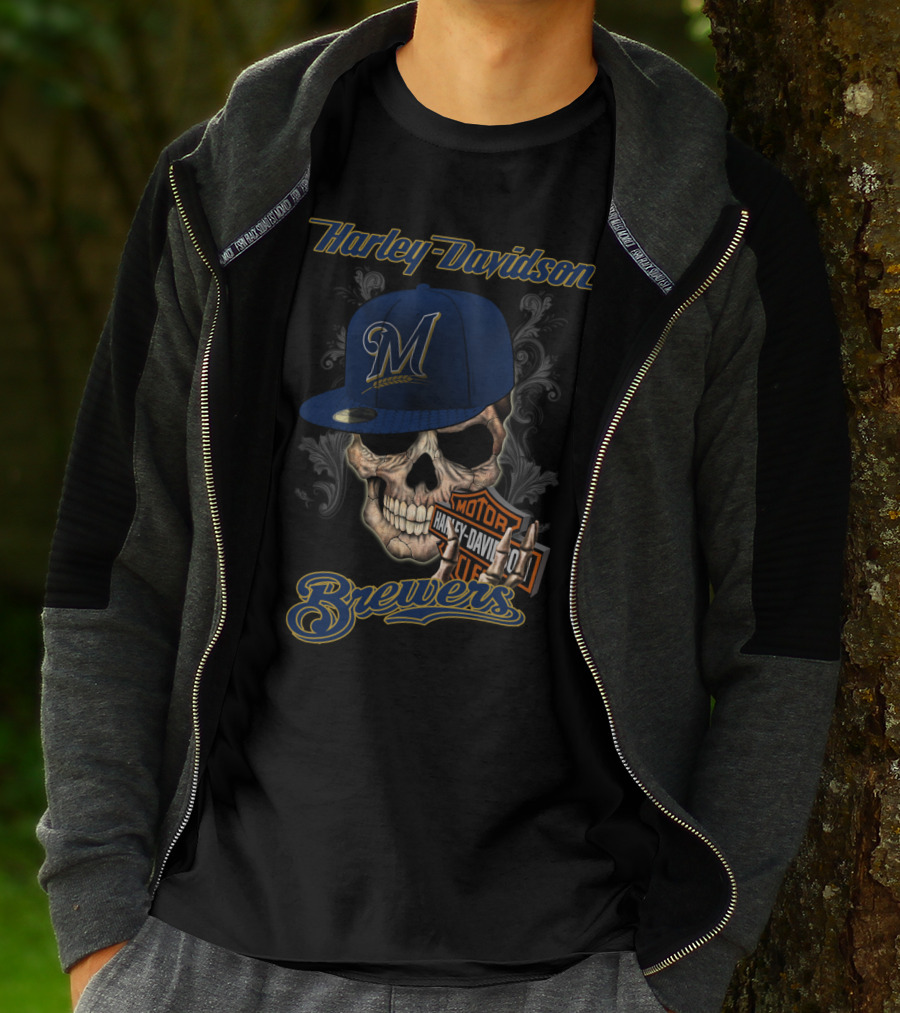 Harley Davidson Milwaukee Brewers Skull With Hat T-Shirt