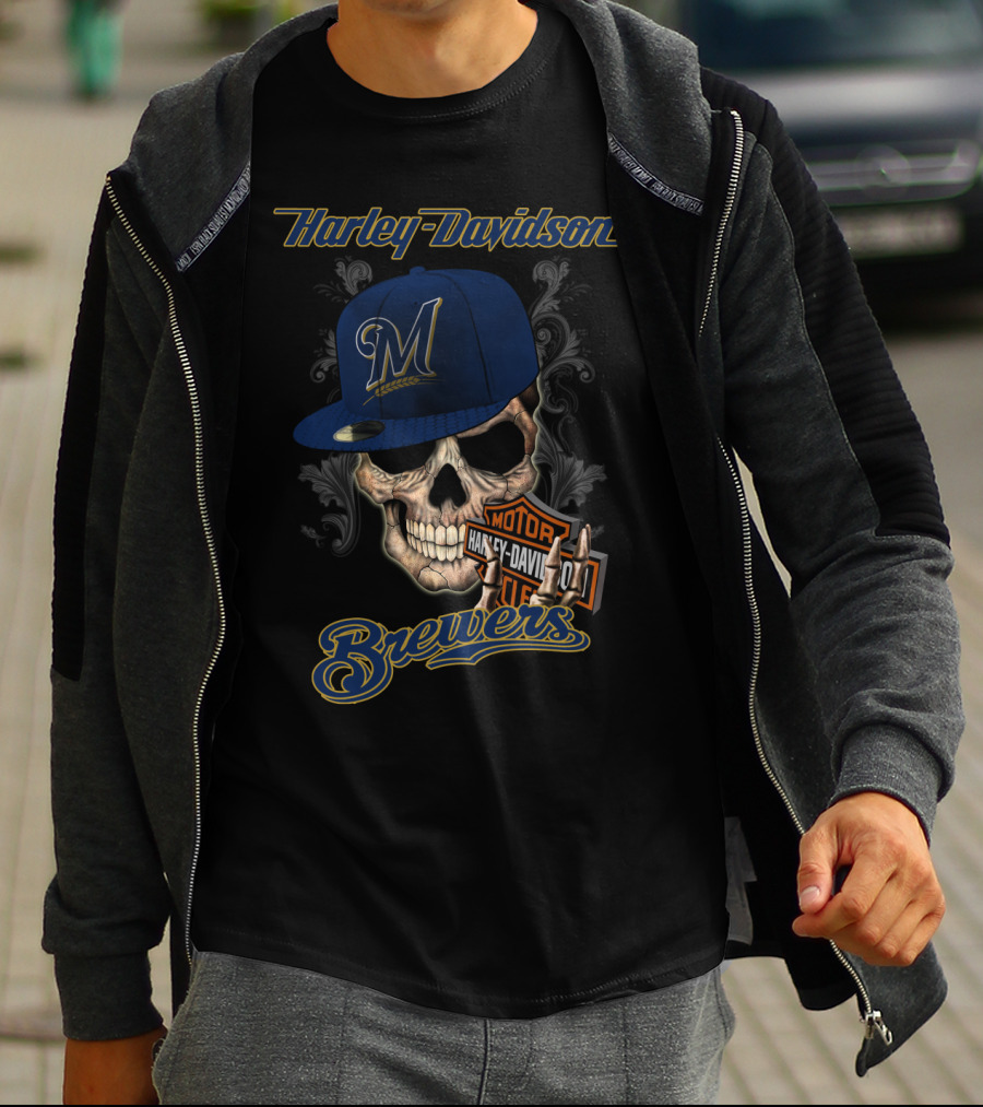 Harley Davidson Milwaukee Brewers Skull With Hat T-Shirt