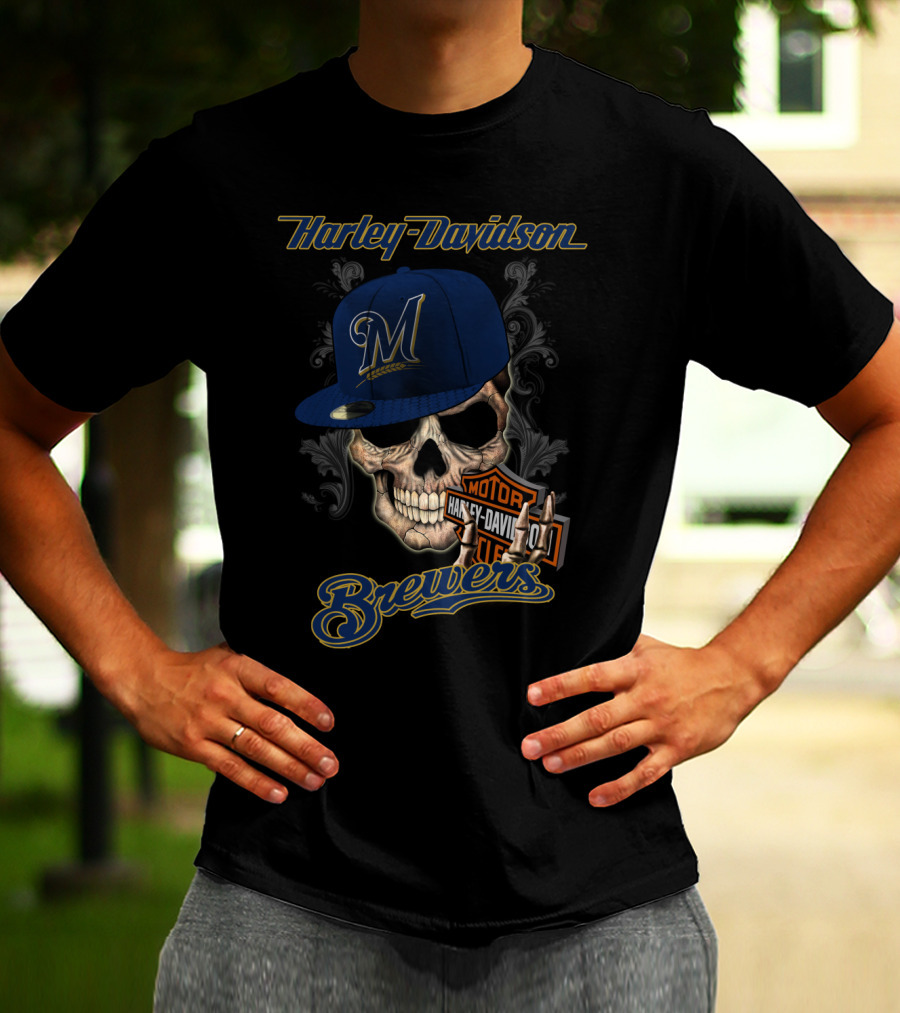 Harley Davidson Milwaukee Brewers Skull With Hat T-Shirt
