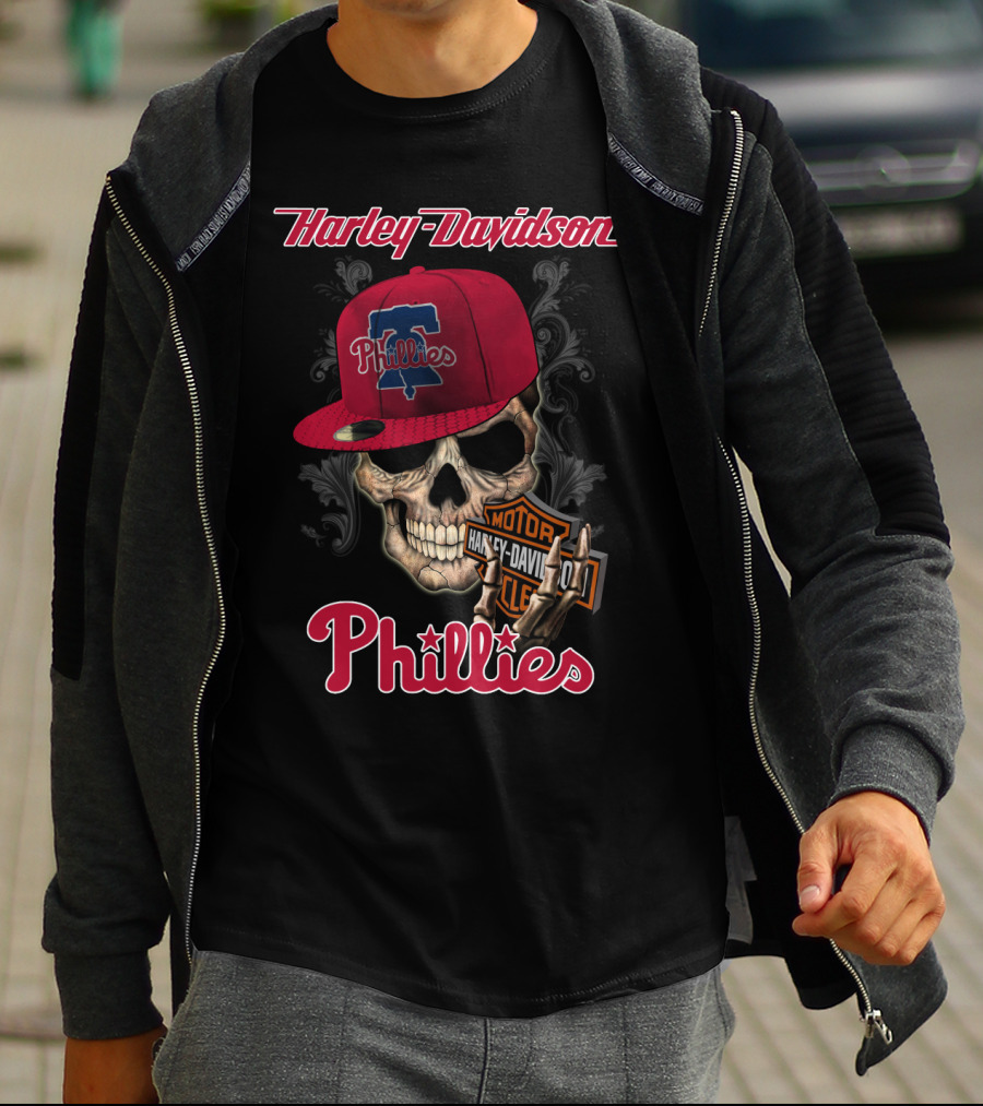Harley Davidson Skull With Philadelphia Phillies Cap T-Shirt