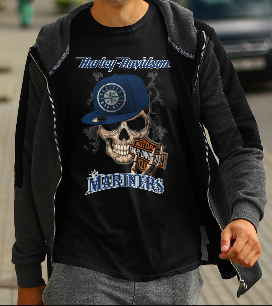 Harley Davidson Skull With Seattle Mariners Cap T-Shirt