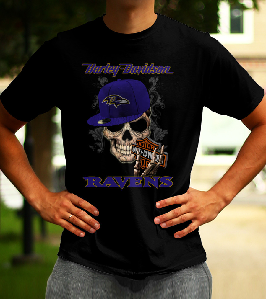 Harley Davidson Motor Skull Baltimore Ravens Hat T-Shirt
